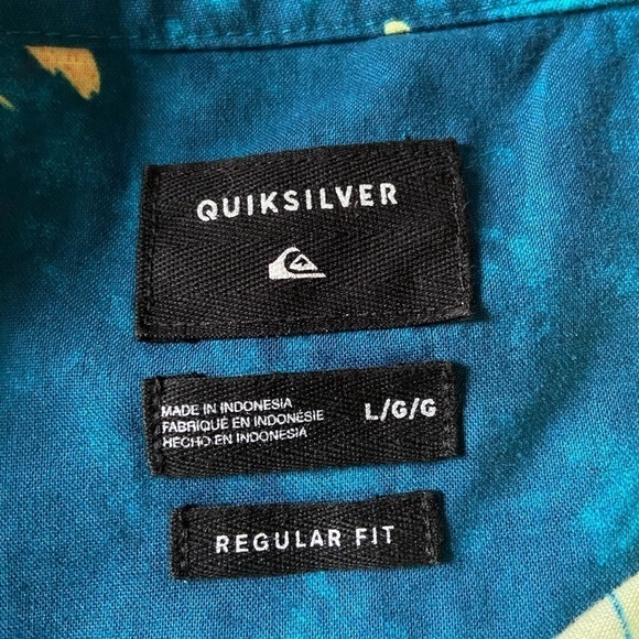 Quiksilver Whimsical Blue Short Sleeve Button Down w Floral Orange Flowers Large - Picture 7 of 10